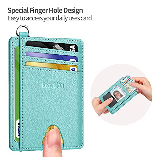 Slim Minimalist Front Pocket Wallet, RFID Blocking Credit Card Holder Wallet with Integrated D-Shackle for Men Women - color: Litchi Ocean Blue