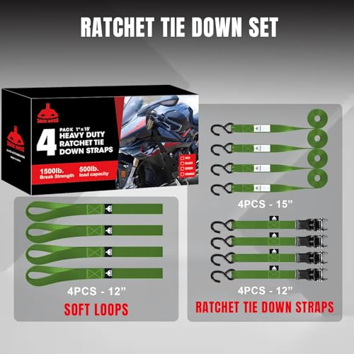 Jack Boss Ratchet Tie Down Straps Set,1500 lbs Break Strength, 1" x 15' Heavy Duty Ratchet Straps with 4X Soft Loops Padded Handles Coated S Hook, Fits for Moving Appliances Motorcycle ATV Truck,Green - color: Green-4pcs