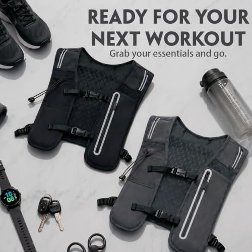 2 Pcs Running Vest for Women Men, Reflective Running Vest with Adjustable Waistband & Phone Pocket, Outdoor Pack Lightweight Breathable Backpack for Marathon Hiking - color: Black, Dark Gray