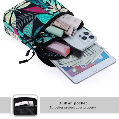 KAMO Multifunction Phone Waist Bag - One Shoulder Diagonal Cross Bag, Smart Case, Outdoor Triple Zip Hipster Crossbody Purse for Women & Men - color: Green-Maple leaf
