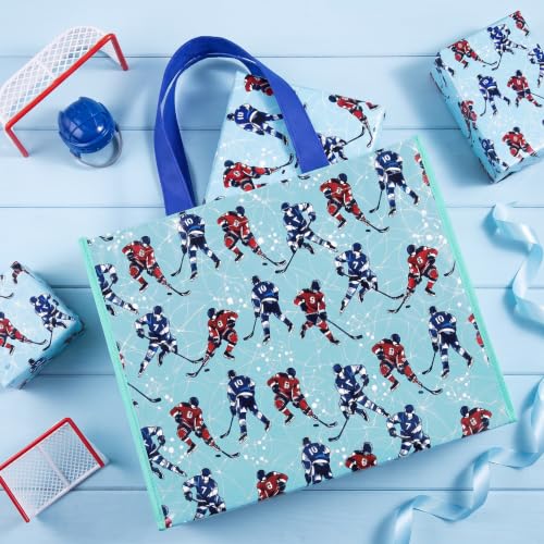 WRAPAHOLIC Large Reusable Ice Hockey Gift Bag with Handles - 10 x 5 x 13 inch - Blue Ice Hockey Player Winter Sports Gift Bags for Birthday, Sports Party, Team Celebration