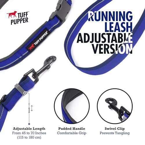 Tuff Pupper Hands Free Adjustable Length Dog Leash | Lightweight for Running Jogging Walking | Padded Waist Belt (24-50 inch) | Adjusts 3 to 6 Feet Length | Strong Ballistic Nylon w/Reflective Strips - color: Blazing Blue