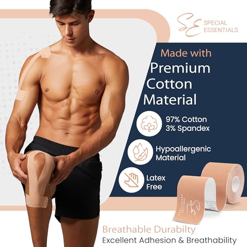 Special Essentials Kinesiology Tape - Premium Cotton Waterproof Sports Tape for Targeted Muscle Support, Pain Relief, & Enhanced Performance 20 Count, 10” Precut & Uncut Strips (Precut, Brown)