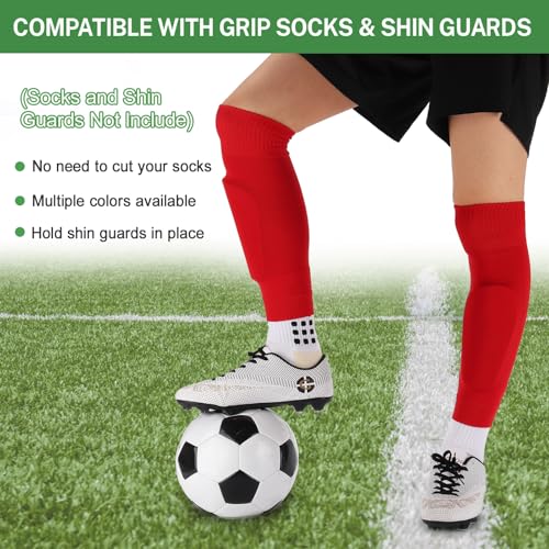 Ultrafun 3 Pairs Leg Sleeves Pre-cut Soccer Sleeves Compatible with Grip Socks Shin Guards Sleeves for Soccer Football - color: Red, size: Medium