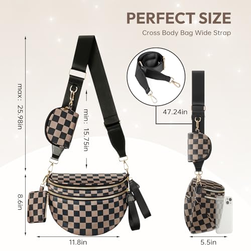 Cross Body Bag for Women Bum Bag Checkered Belt Bags Fanny Packs for Girls Travel Purse Fashion Waist Packs Crossbody Nylon Purse Trendy Shoulder Bags for Womens - color: Checkered Black Brown
