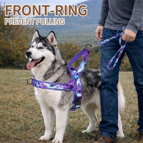 No Pull Dog Harness and Leash Set with Seatbelt Clip,Camo Purple,XL - color: No Reflective-Camo Purple, size: XL:Belly Chest-30.6''-39.2''