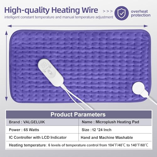 VALGELUIK Heating Pad for Back Pain Relief, 12"x24" Electric Heat Pad Gifts - color: Purple, size: 12 Inch x 24 Inch