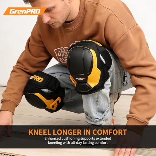 GRENPRO Heavy Duty Knee Pads for Men, Gel Foam, TPR Shell, Construction - color: Black & Yellow