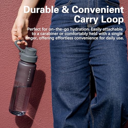 OLDLEY 32 oz Water Bottle with Handle, BPA-Free Tritan Reusable Sports Water Bottle with Leak-Proof Dust Lid, Wide Mouth, Cup Holder Friendly, Half Frosted Clear Bottle for Gym, Travel, Work,Gray - color: Gray