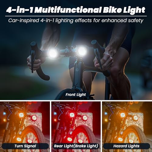 Luvan Smart Bike Light with Remote Controller - Sync Front & Rear LED Light Set, 5 Night & Daytime Mode | Turn Signals | Brake Lights, Rechargeable Bicycle Light for Night Riding, Dog, Running,Scooter - color: 4pcs Lights + Remote Controller