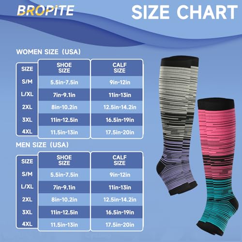bropite Open Toe Compression Socks for Women，3 Pairs Toless Knee-High Socks - color: B-stripe Open, size: 3X-Large