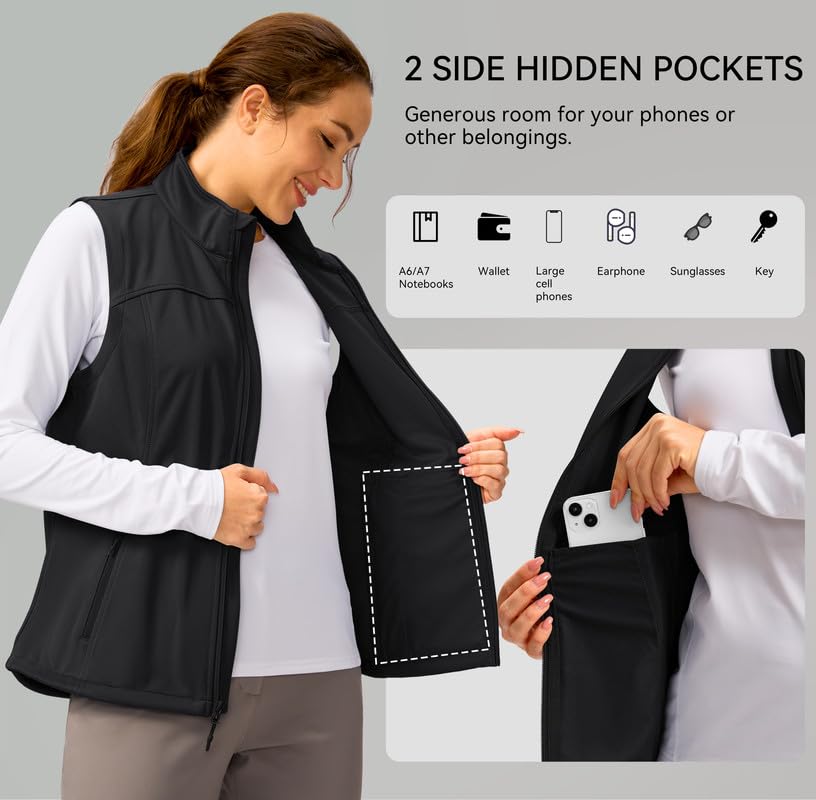 Soothfeel Women's Vest with 4 Pockets Lightweight Jacket Hiking Travel - color: Black, size: X-Large