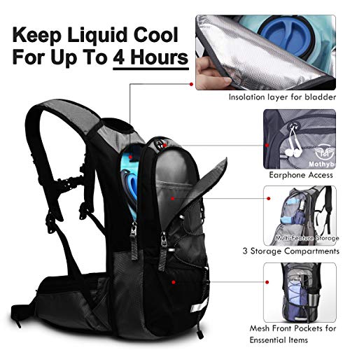 Mothybot Insulated Hydration Backpack Pack with 3L BPA Free Leak Proof Water Bladder, Large Storage Lightweight Hiking Daypack with Waist Pouches & Cooler Layer, for Running, Biking, Camping, Festival - color: Black
