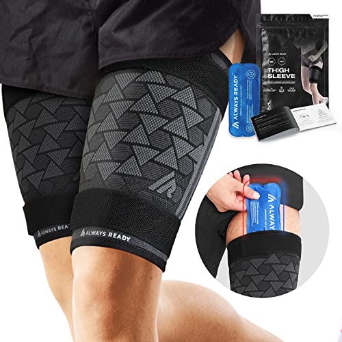Always Ready, Thigh Compression Support Sleeve (2 Per Pack) with Hot & Cold Gel Pack for Hamstring & Quadricep Muscle Strains & Injury, Men & Women, Two Adjustable Compression Straps, Non-Slip (XL) - size: XL