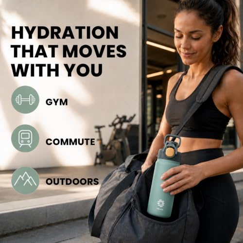 Fjbottle Insulated Water Bottle with Handle 24 oz Straw Flip Top Lid - color: 03 Peacock Green, size: 24 Ounces