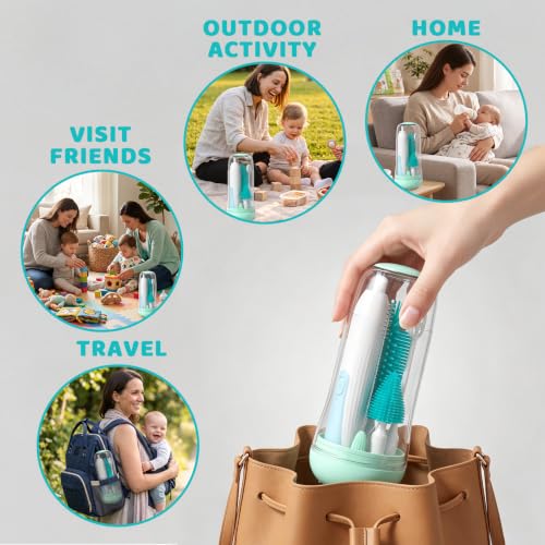 Portable Electric Bottle Brush Cleaner with Storage Box, 4-in-1 Kit - color: Green