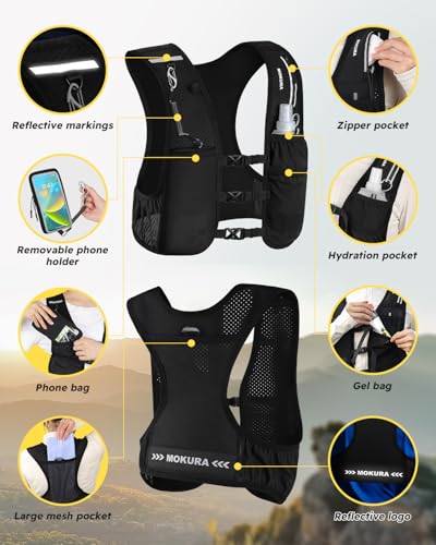 MOKURA Running Vest for Women Men with 500ML Soft Flask & Phone Holder - color: Black, size: Medium