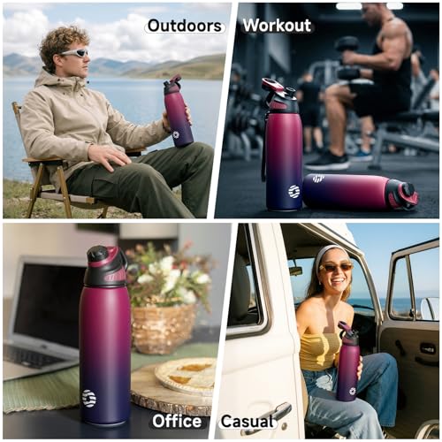 Fjbottle 50oz Stainless Steel Insulated Water Bottle No Straw Spout Lid - color: Black-Purple, size: 50 Ounces