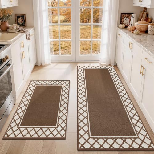 COSY HOMEER Washable Kitchen Rugs Sets of 2 Non-Slip Kitchen Mats,Browm - color: Brown, size: 24"x35" + 24"x60"