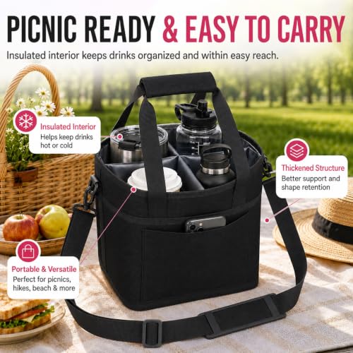 Structured Drink Carrier Bag, Family Size 4 Compartment Drink Bag - color: Deep Black