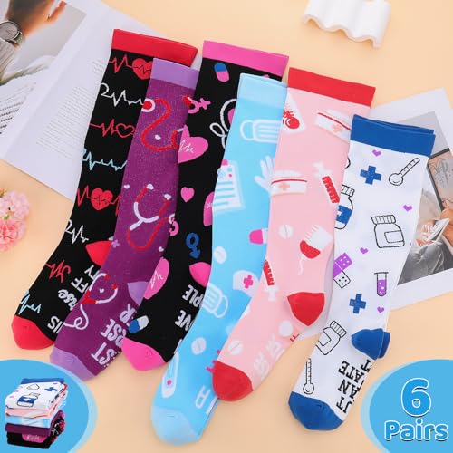 Jspupifip 6 Pairs Plus Size Compression Socks for Women, Wide Calf - color: Black White Blue Pink Purple, size: 3X-Large