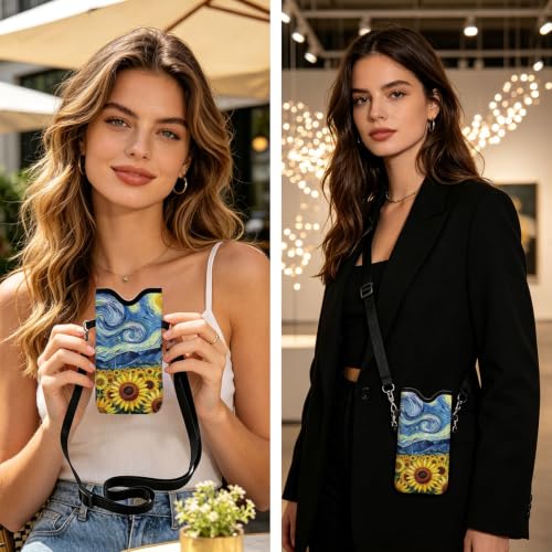 GLOBLELAND Starry Sky Sunflower Cell Phone Sleeve Pouch Case Bag 7.1×3.9 inch Shockproof Universal Phone Bag with Crossbody Strap Neck Lanyard for Women Men Phone Headphones Watch - color: Starry Sky Sunflower