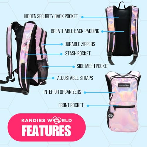 Kandies World Reflective Festival Hydration Pack - 2L Hydropack for Raves, Hiking, Biking, Running, and More (with Anti-Theft Pocket) - style: Pink Holographic