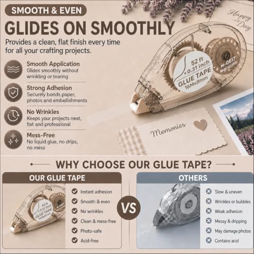 MARCADORUS Double Sided Tape Roller, Scrapbook Tape Runner Extra Long 52Ft - size: 52.5 Ft x 0.31 In : 8 Pack