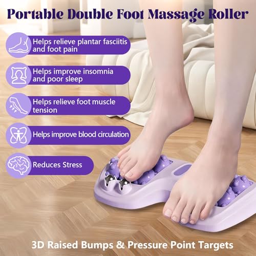Portable Double Foot Massage Roller for Plantar Fasciitis Relief, Dual Acupressure Therapy for Pain & Stress Relief, Reflexology Tool for Improved Circulation at Home or Office (Purple)