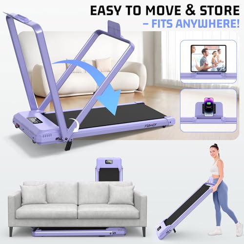 FUNMILY Upgrade Walking Pad Folding Treadmill with 12%/15% Incline & Handle Bar, 3.5HP Foldable Under Desk Compact Treadmills for Home/Office/Gym, 400+lb Capacity, Shock Absorption - color: Noble Purple