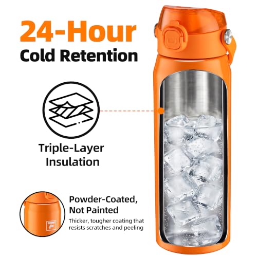 Fanhaw 24oz Stainless Steel Water Bottle with 2-in-1 Lid, Herorange - color: Herorange
