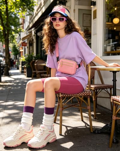Capolo Fanny Packs for Women 4 Zip Pocket Crossbody Belt Bag Waist Bags - color: Pink, size: Large