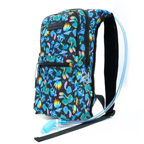 Kandies World Reflective Festival Hydration Pack - 2L Hydropack for Raves, Hiking, Biking, Running, and More (with Anti-Theft Pocket) - style: Mushroom