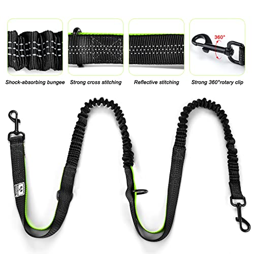 SHINE HAI Retractable Hands Free Dog Leash with Dual Bungees for 2 Dogs, Adjustable Waist Belt, Reflective Stitching Leash for Running Walking Hiking Jogging Biking Black - Green1 - color: Green/Black