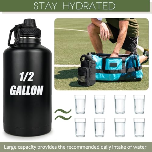 DEFUNX 64 Oz Water Bottle Gym Water Bottles for Men Half Gallon Insulated Water Jug with Sleeve and Strap Stainless Steel Large Sports Bottle Workout Hiking All Black - color: Black Bottle with All Black Sleeve, style: 64 Oz Water Bottle