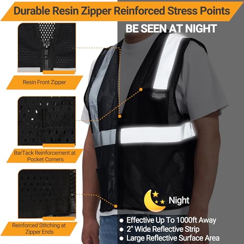 AYKRM 2 Pocket Mesh High Visibility Reflective Safety Vest for men & Women ANSI/ISEA 107 Standards - color: Black, size: X-Small