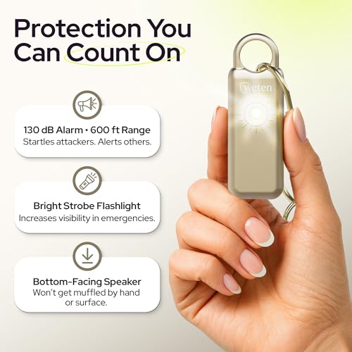 Personal Safety Alarm Keychain for Women, 130dB, LED Light, Gold Satin - color: Gold Satin