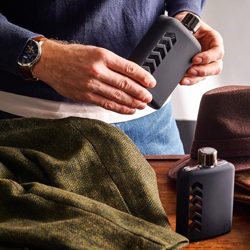 Le’raze Glass Hip Flask Set, Silicone Sleeve | 240ml/100ml Whiskey Bottles for Alcohol Liquor | Leakproof Lids, Funnel | Cute Aesthetic Concert Gift for Men, Women, Black Single Double Shot Canteen - size: 3.4oz. + 8oz.