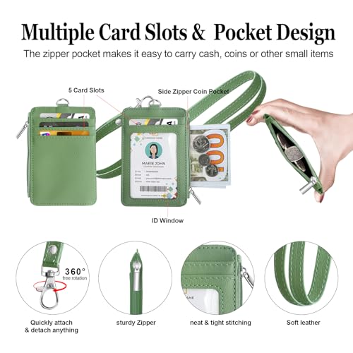 bolimoss 2-in-1 ID Badge Holder & Lanyard Wallet, Leather ID Name Badge with Side Zip Pocket for Teacher, Student, Women Small Wallet with Removable Neck Lanyard, Clear Window, 5 Card Slots,Lime Green - color: Lime Green
