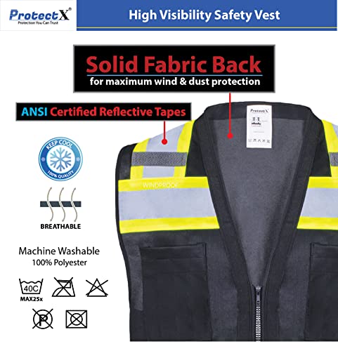 ProtectX High Visibility ANSI Class 2 Safety Vest with 6 Pockets - color: Black - Solid Fabric, size: Small