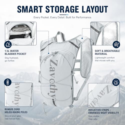 Zavothy Hydration Vest Pack with 1.5L Water Bladder, Lightweight 6L Hydration Backpack for Running, Hiking & Cycling, Breathable Reflective Hydration Vest for Men & Women - color: Grey