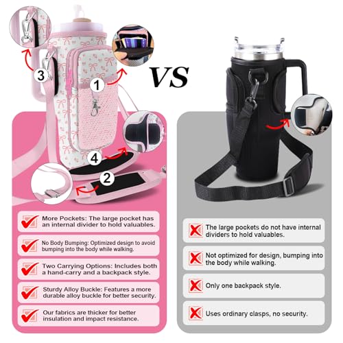 Stanley Carrier Bag for Stanley 40oz/30ozTumbler with Phone with 2 Adjustable Strap,3 Pockets Bottle Stanley Cup Carrier Bag & Case,Accessories for Hiking Travelling - color: Rose Bow