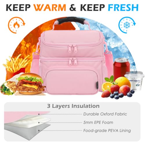 FlowFly Double Layer Cooler Insulated Lunch Bag Adult Lunch Box Large Tote Bag for Men, Women, With Adjustable Strap,Front Pocket and Dual Large Mesh Side Pockets - color: Pink#2
