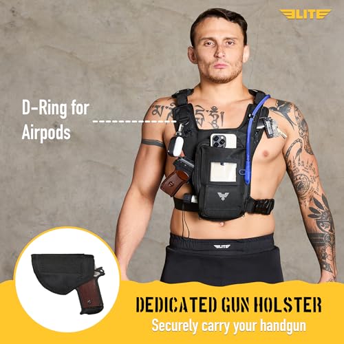 Elite Hydra Running Chest Pack w/ Phone Holder Touch Friendly, Camera Pocket for Men/Women Lightweight Hydration Vest Chest Rig w/ Water Bladder for Marathon, Cycling, ADV Camping, Skiing - size: Medium
