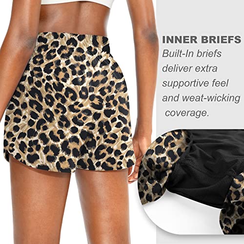SANTINY Women's Athletic Running Shorts with Zipper Pockets - color: Brown Leopard, size: Small