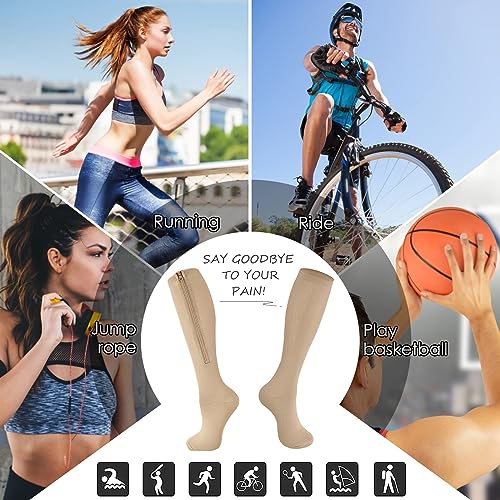cerpite Zipper Compression Socks, 2 Pairs 15-20 mmHg Closed Toe Compression Stockings for Men Women - color: Beige White, size: Small-Medium