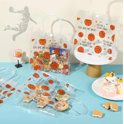 Aliceset 12 Pcs Basketball Gift Bags Bulk Transparent Basketball Goodie Bags with Handles Reusable PVC Gift Totes for Game Day Sports Birthday Parties Team Events Gifts Treat - style: Basketball