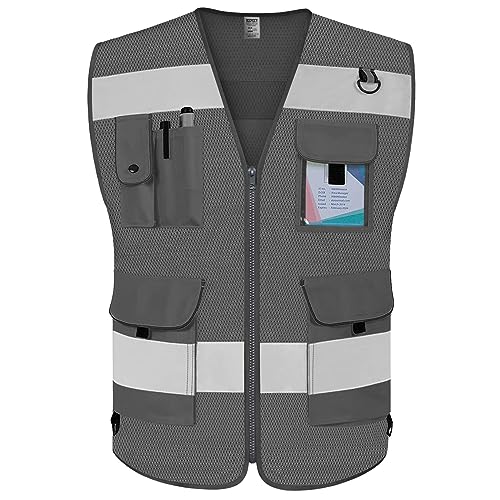 TCCFCCT Mesh Hi Vis Vest 9 Pocket High Visibility Reflective Vest, Grey M - color: Grey-bison 03, size: Medium