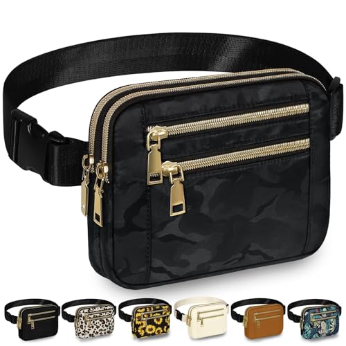 Capolo Fanny Packs for Women 4 Zip Pocket Crossbody Belt Bag Waist Bags - color: Black Camo, size: Large