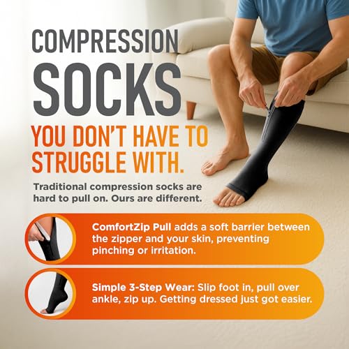 Lemon Hero Zipper Compression Socks 15-20mmHg Open Toe for Women & Men - color: Black, size: X-Large